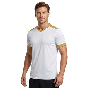 T-shirt pour homme à col en V blanc à manches courtes avec accents dorés Coupe classique Séchage rapide Polyester tricoté Style décontracté - Product Image 2