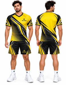 Conjunto de Camiseta y Pantalones Cortos de Rugby Sublimados para Mujer, Amarillo y Negro, Cuello en V, Transpirable, Poliéster, Uniforme Deportivo, Logotipo Personalizado de Patrocinadores del Equipo - Product Image 4