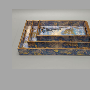 Blue Geometric Enamel Food-Safe Serving Tray Set of 3 Modern Luxury MDF & <b>Paper</b> Nesting Trays for <b>Kitchen</b> Dining Home Decor - Product Image 2