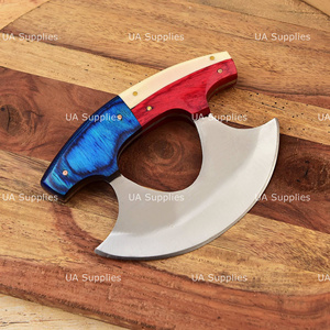 Texas Flag Ulu Chef <b>Knife</b> Damascus Steel Blade Wood <b>Handle</b> Leather Sheath Industrial Novelty Ambidextrous Polished Finish - Product Image 2