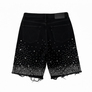 Shorts en jean décontractés pour hommes, 100 % coton, couleur unie, délavés, ornés de strass, logo personnalisé, coupe ample, taille élastique - Product Image 2