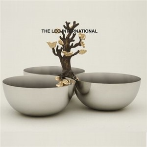 Bol décoratif unique japonais en acier inoxydable et aluminium, design en forme de feuille de branche d'arbre couleur argent, trois compartiments. - Product Image 1