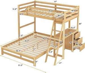 Cama litera doble de madera de pino maciza tradicional con 3 cajones de almacenamiento, escritorio integrado, barandilla y escalera, duradera, para niños y niñas - Product Image 5