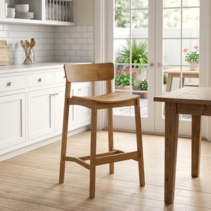 Tabouret de bar moderne en bois massif rembourré, dossier bas, assise de comptoir en bois naturel, mobilier de restaurant - Product Image 6