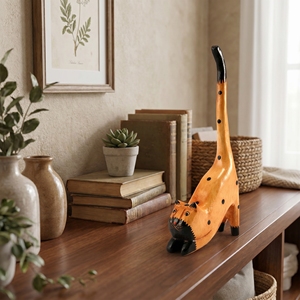 Figura de Gato Hecha a Mano en Madera de Albizia, Color Marrón con Puntos Negros, Cola Levantada en Pose de Salto, Decoración Rústica para el Hogar, Estatuas de Arte Animal, Adorno, Regalo - Product Image 4