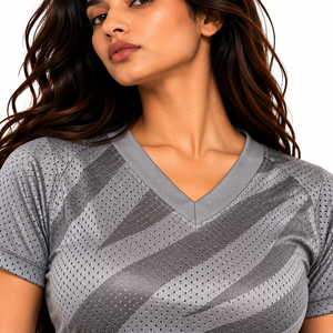 Top Deportivo Corto de Malla con Estampado Abstracto Gris Y2K para Mujer, Cuello en V, Transpirable, Ajustado, Venta al por Mayor OEM ODM - Product Image 3