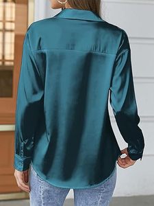 Camisa de Satén para Mujer, con Botones, Manga Larga, Cuello Camisero, Corte Holgado, Color Sólido, Blusa Casual, Manga Larga, Largo Regular - Product Image 5