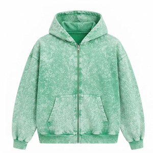 Sweat-shirt à capuche zippé tie-dye unisexe, coupe ample, 100% coton, décontracté, vert automne, avec poche - Product Image 1