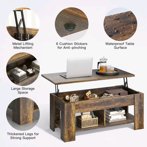 Modern <b>Vintage</b> Rustic Wooden Lift-Top Coffee <b>Table</b> with Hidden Storage and Open <b>Side</b> Shelf for Living Room Home Apartment - Product Image 5