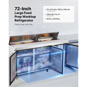 ตู้เย็นครัวเชิงพาณิชย์ขนาด 72 นิ้ว 18.7 คิว โต๊ะเตรียมอาหารแช่เย็น Ft Sandwich Prep Mega Top สำหรับ 18 ถาด ความจุ 18.7 คิวบิกฟุต - Product Image 2