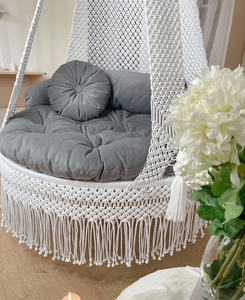 White and <b>Grey</b> Macramé Hammock Chair Hanging Bed Indoor Rope Woven Lounge Seat with Cushion for Bedroom Living Room (72"X40") - Product Image 4