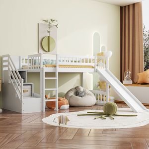 Letto a soppalco bianco singolo con due cassetti e scivolo per bambini (vecchio SKU LT000515AAK) - Product Image 1