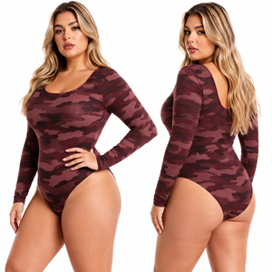 Women's Plus Size <b>Camouflage</b> Bodysuit Scoop Neck Long Sleeve Swim Suit Summer Beachwear One Piece Breathable Bathing Suit Ladies - Product Image 4