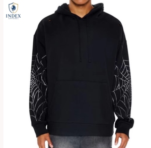 Sweat-shirt décontracté pour homme Index Apparel, noir, avec imprimé toile d'araignée pailletée sur les manches, style streetwear - Product Image 1