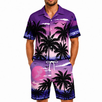 Conjunto de Ropa de Playa Tropical Casual para Hombre, 100% Poliéster, Estampado de Palmeras al Atardecer, Camisa Hawaiana Transpirable y Pantalones Cortos