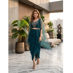 Luxury Women Indo Western Dhoti Saree Set in Georgette Fabric with Fancy Sequin Crop Top and Sheer <b>Cape</b> - Product Image 1
