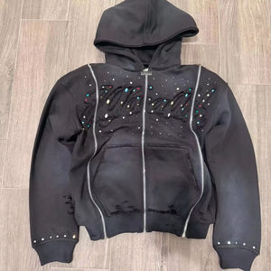 Sudadera con capucha personalizada para hombre, con triple cremallera, apliques, bordados, pedrería, efecto desgastado, lavado ácido, 420 GSM, estilo urbano, de diseñador - Product Image 3