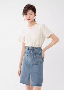 Vente directe usine – Nouvelle jupe en jean décontractée pour femme, longueur genou, unie, avec ceinture boutonnée, style vintage, taille haute, en denim épais - Product Image 2
