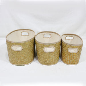 New Design Palm Leaf Laundry Basket Set of <b>3</b> Woven <b>Storage</b> <b>Bin</b> with Liner & Handles - Product Image 3