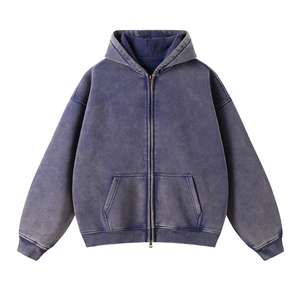 2026 Sweat à capuche streetwear de haute qualité, en molleton uni, vintage, double couche, délavé à l'acide, coupe ample, zippé - Product Image 6