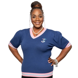 <b>Navy</b> Blue V Neck Sweater Short Sleeve Knit Pullover Women Casual Fashion Top With Pink Trim Elegant Apparel Clothing - Product Image 3