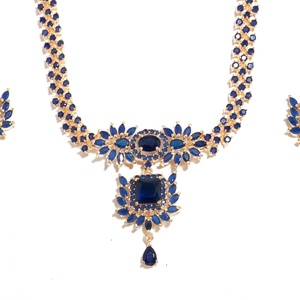 22K Gold Plated Long <b>Blue</b> Sapphire <b>Necklace</b> Set South Indian Haram Bollywood Bridal Jewelry Indian Wedding Jewellery - Product Image 3