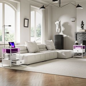 Set of 2 White LED-Light <b>Side</b> <b>Tables</b> with Charging Stations <b>Drawer</b> and Shelves for Living Room End <b>Tables</b> - Product Image 2