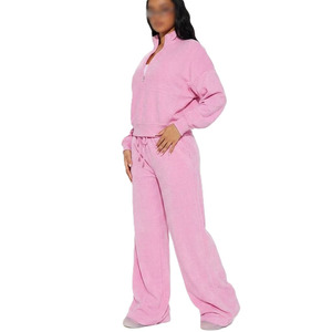 Conjunto de Sudadera Rosa con Cuello Alto y Pantalones Anchos de Pierna Larga para Mujer, Tejido Casual, Color Sólido, Transpirable, Ropa de Otoño - Product Image 3