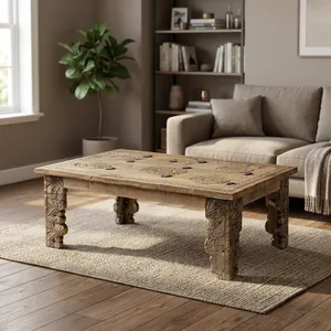 Table basse vintage en bois sculpté à la main avec motif floral, finitions métalliques, meuble rustique pour salon et salle à manger - Product Image 4