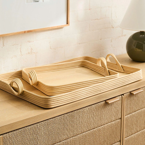 Juego de bandejas de servir modernas de ratán con asas curvas de varios niveles, bandejas de mimbre natural tejidas a mano para hostelería de alta gama - Product Image 3
