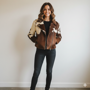 Chaqueta de Cuero Vacuno con Pelo para Mujer, Estilo Western Hecha a Mano, Abrigo de Cuero con Pelo, Chaqueta de Moda de Cuero Vacuno Auténtico de Primera Calidad - Product Image 1