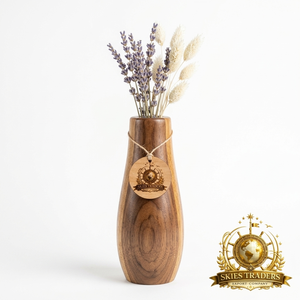 Jarrón de madera de nogal oscuro hecho a mano con etiqueta de cuero, soporte redondo para flores secas de paniculata, centro de mesa, venta al por mayor - Product Image 2