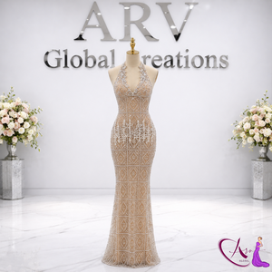 Vestido de noche con cuello halter y cuentas color champán para mujer |   Vestido de fiesta largo sin mangas estilo sirena |   Diseño Formal Hecho a Mano - Product Image 3