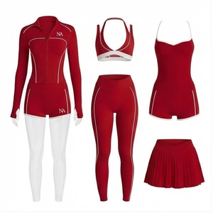 Red 5 Piece Yoga Set With Zipper Front Sweat Wicking Sportswear For Women High Waist Leggings And <b>Skirt</b> Contrast Binding - Product Image 1