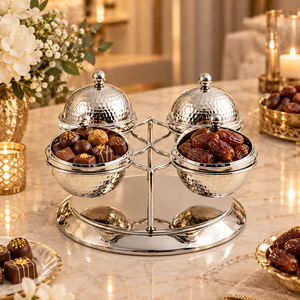 Polished Steel <b>Treat</b> Containers with Round Covers and Presentation Stand |Stylish Server for Dates <b>Chocolates</b> Candy Nuts and Dry - Product Image 3
