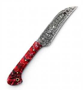 Couteau utilitaire à lame fixe en acier Damas fait main avec manche en résine rouge cramoisi à motifs tourbillonnants - Product Image 1