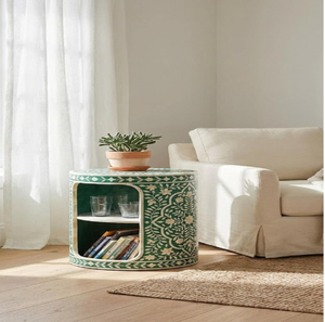 Table de chevet ronde en os noir incrusté, avec tiroirs et étagère à motif étoilé, disponible à prix de gros. - Product Image 3