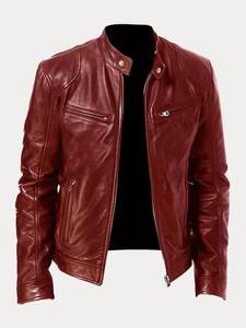 Men's <b>Burgundy</b> maroon <b>Leather</b> Moto <b>Jacket</b> Stand Collar Zipper Closure Slim Fit Regular Sleeve Autumn Solid Color - Product Image 1