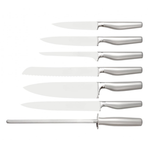 Ensemble de 7 couteaux de cuisine en acier inoxydable avec manches ergonomiques en métal, bloc de rangement noir et aiguiseur pour professionnels - Product Image 2