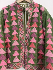 Stunning Geometric Statement Hand Embroidery <b>Velvet</b> Jacket Green Boho Outerwear With Pink Triangles Free Size <b>Coat</b> Winter Blazer - Product Image 5