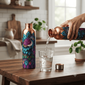 Decorative Copper Water <b>Bottle</b> with Peacock Floral Artwork, Leakproof Screw Cap, Reusable Ayurvedic Hydration Flask for Travel - Product Image 5