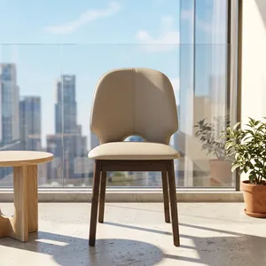 Chaise de restaurant moderne en velours rembourrée, dossier haut incurvé, assise rembourrée beige, pieds en bois massif, pour hôtel et extérieur - Product Image 2