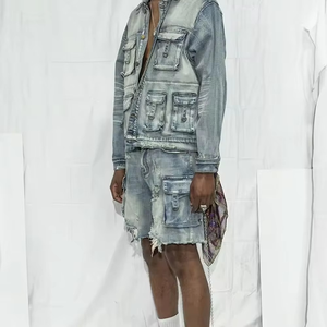 Shorts cargo en jean délavé pour homme, taille mi-haute, déchirés et usés, multi-poches, style décontracté d'été, tissu tissé - Product Image 3