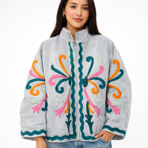 Boho Floral Suzani Quilted Knitted Velvet Breathable Reversible Eco-Friendly Cotton Winter Warm <b>Duster</b> Short Bomber Jacket Gift - Product Image 2