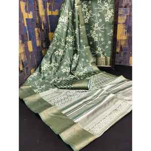 ATRACTIVA DOLA SEDA TRABAJO DE IMPRESIÓN DIGITAL SAREE CON BLUSA DESCOSADA PISTA - Product Image 1