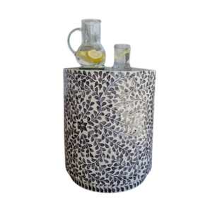 Taburete Redondo Hecho a Mano con Madreperla y Patrón de Hojas Azules, Mueble Otomano Contemporáneo para Sala de Estar - Product Image 4