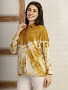 เสื้อเชิ้ตแขนยาวผ้าเรยอนเครปย้อมสีมัสตาร์ดสำหรับผู้หญิง คอปกแบบสเปรด สไตล์ลำลอง - Product Image 3