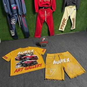 Custom <b>Men's</b> Summer Streetwear Set Cropped T Shirt Shorts <b>Studded</b> Acid Wash 100% Cotton Screen Printed Outfit - Product Image 2