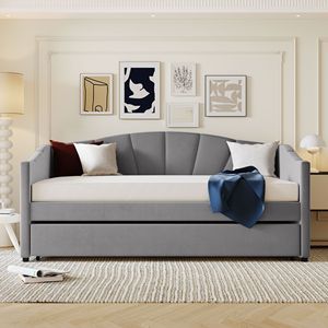 Divano letto imbottito a una piazza e mezza con letto estraibile, grigio, con doghe in legno, stile contemporaneo - Product Image 2