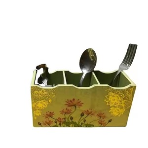 Mango Wooden Flatware Organizer Caddy for <b>Kitchen</b> Table Top New Cutlery Stand With 4 Compartment Metal Gold Knob caddy - Product Image 3